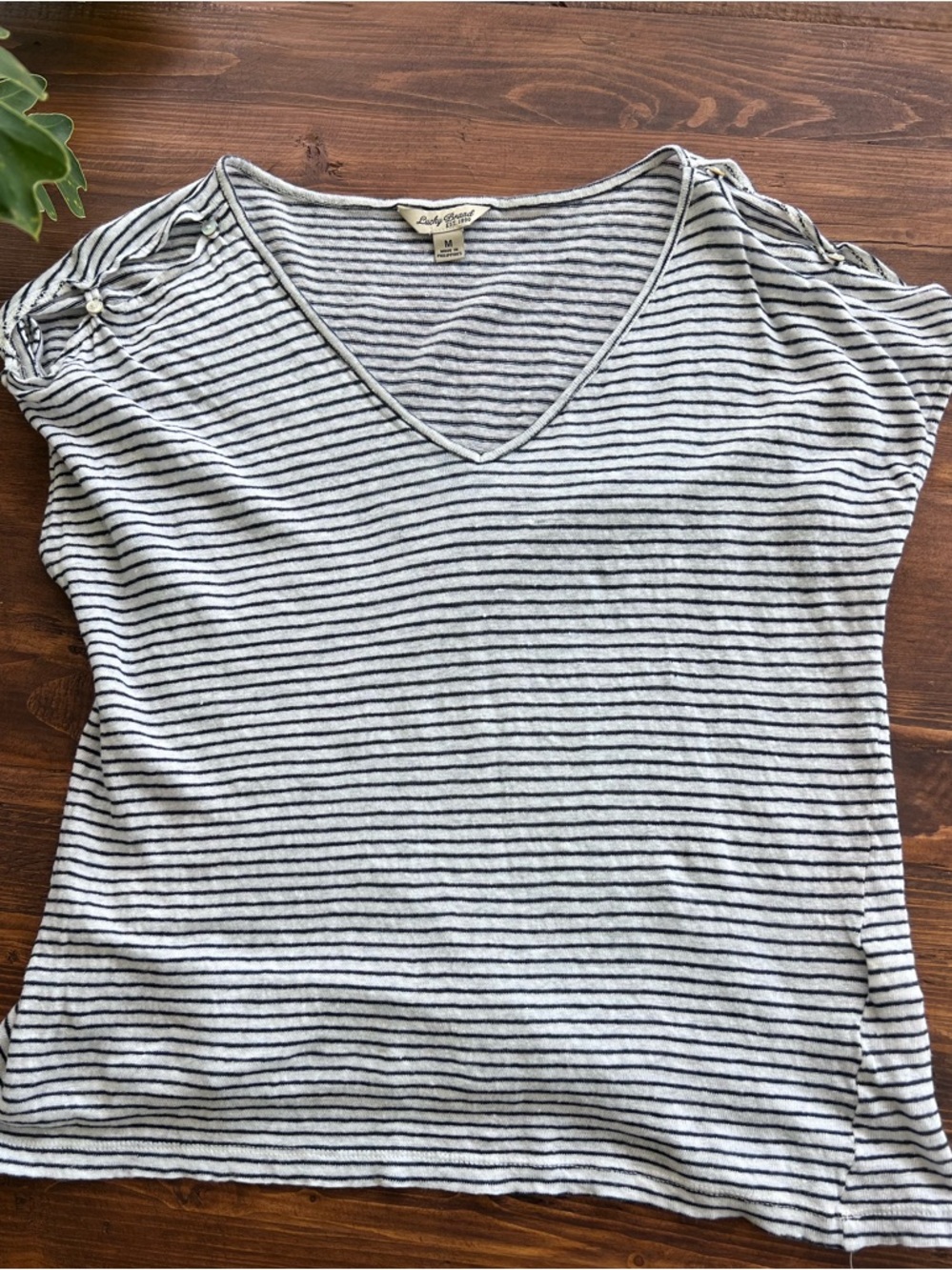 Lucky Brand White & Navy Striped V-Neck Short Sleeve Top